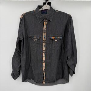 Nu Trendz Mens Large Black Cotton Southwestern Western Embroidered Denim Shirt